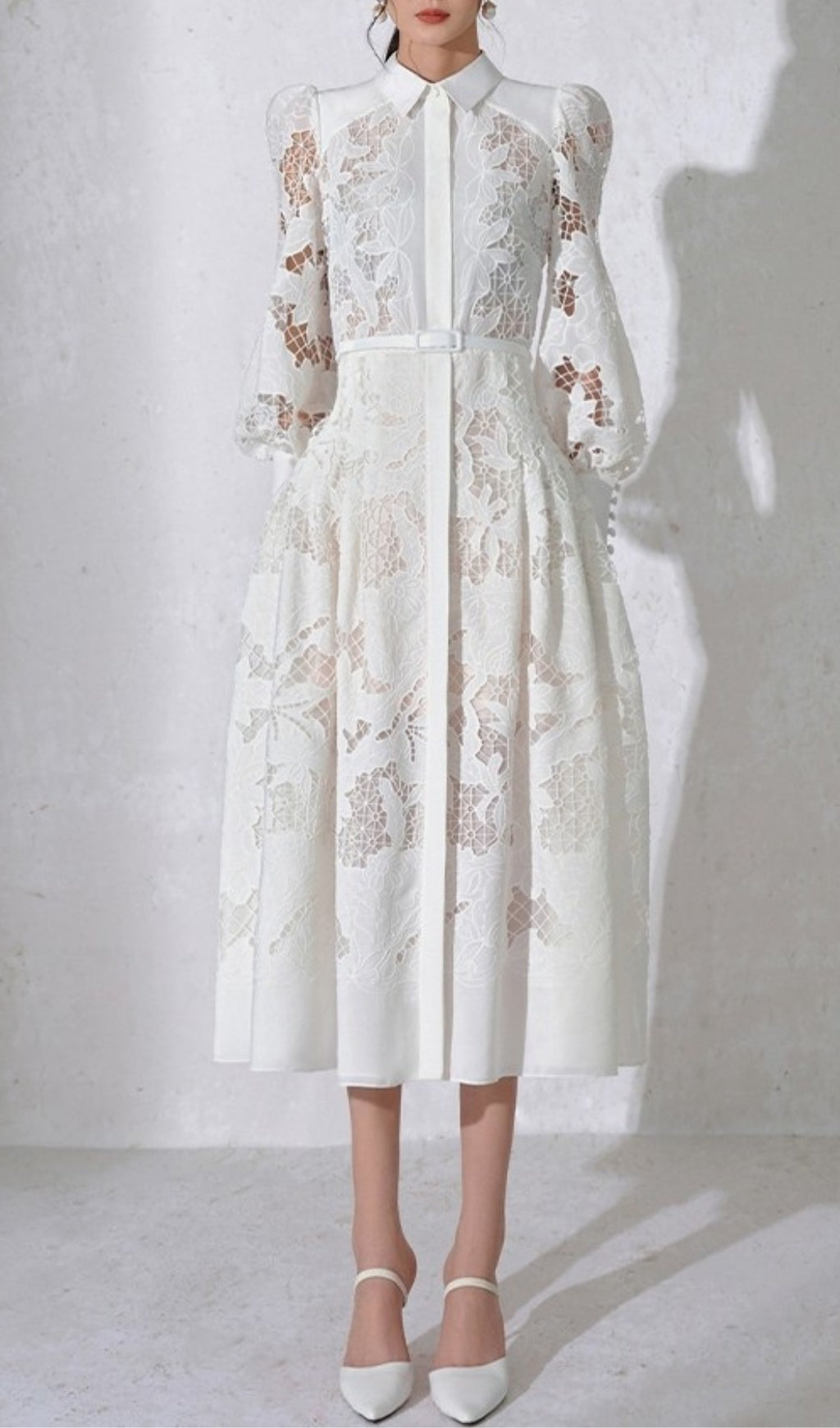 Fashionslee Women White Lace Embroidered Full Hem Midi Dress