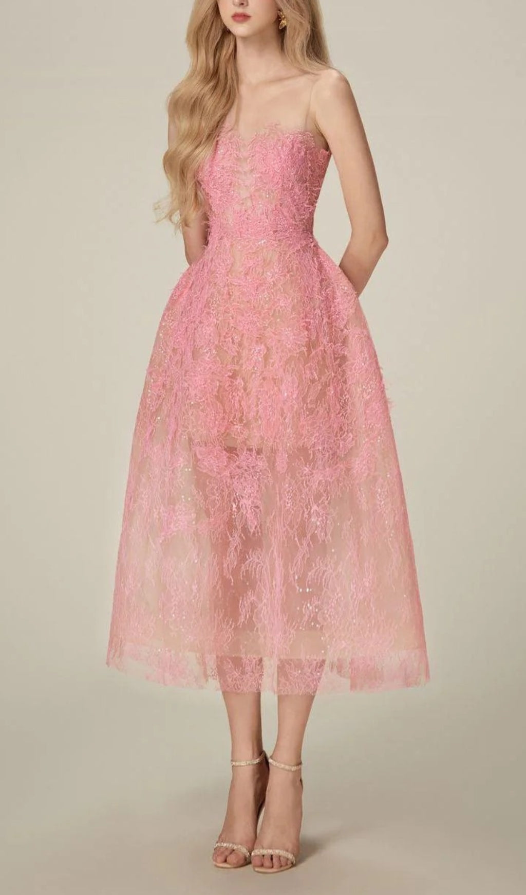 Fashionslee Women Allyson Pink Floral Lace Embroider Midi Dress