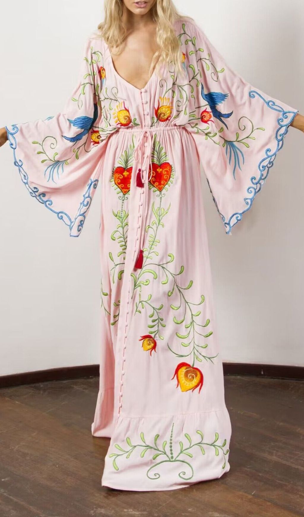 Fashionslee Women Gita Flower Embroidery Long Sleeve Maxi Dress