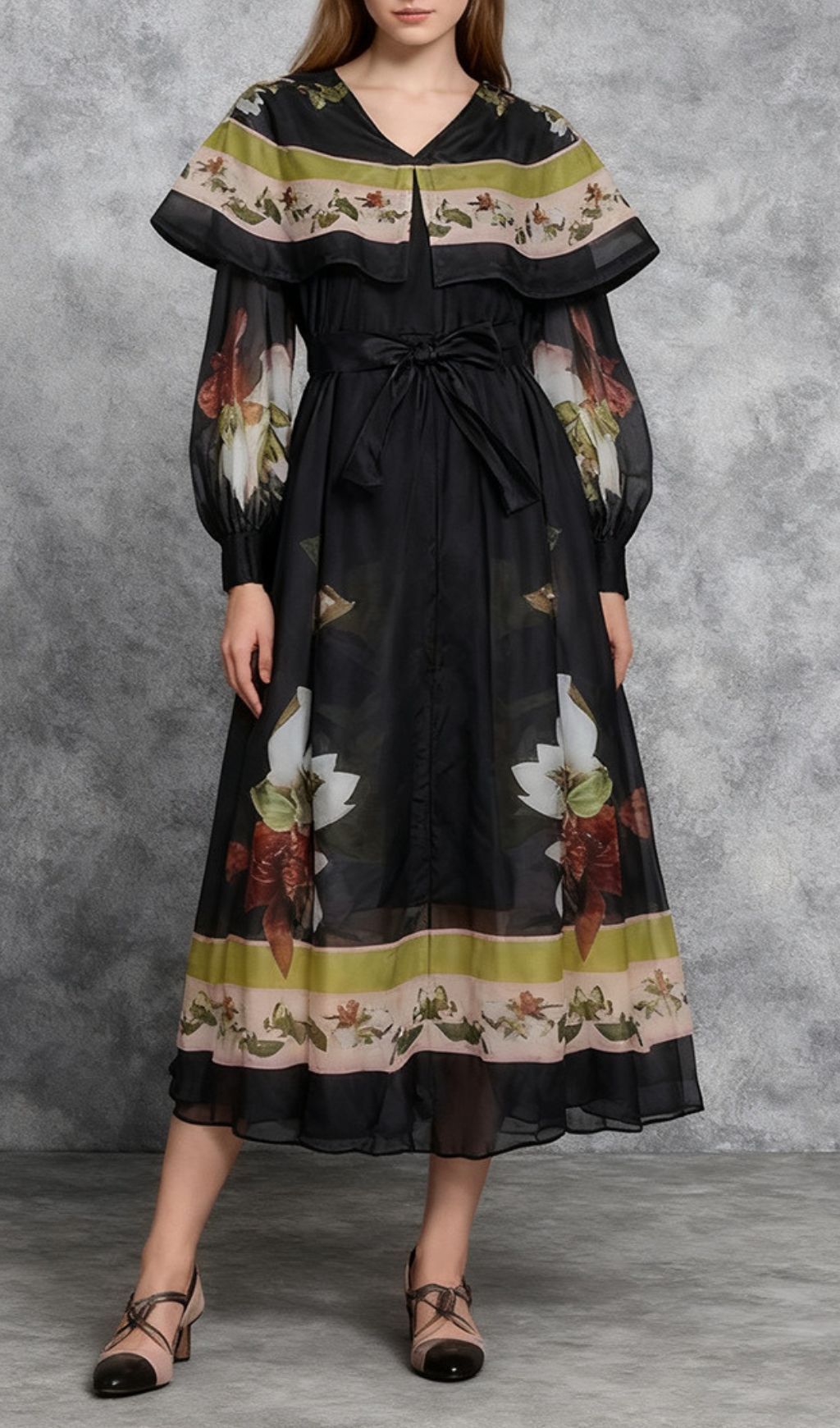 Fashionslee Women Ivi Black Printed Long Sleeve Midi Dress