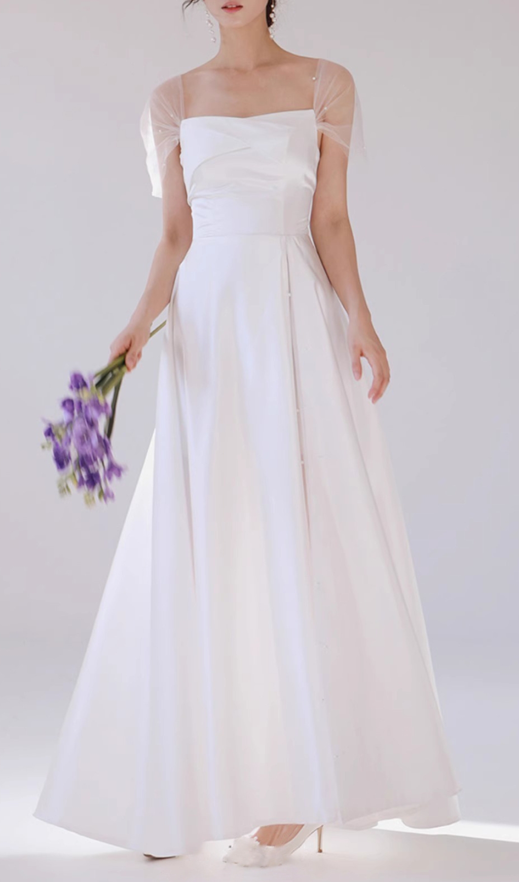 Fashionslee Women Columnia White Satin Mesh Wedding Dress