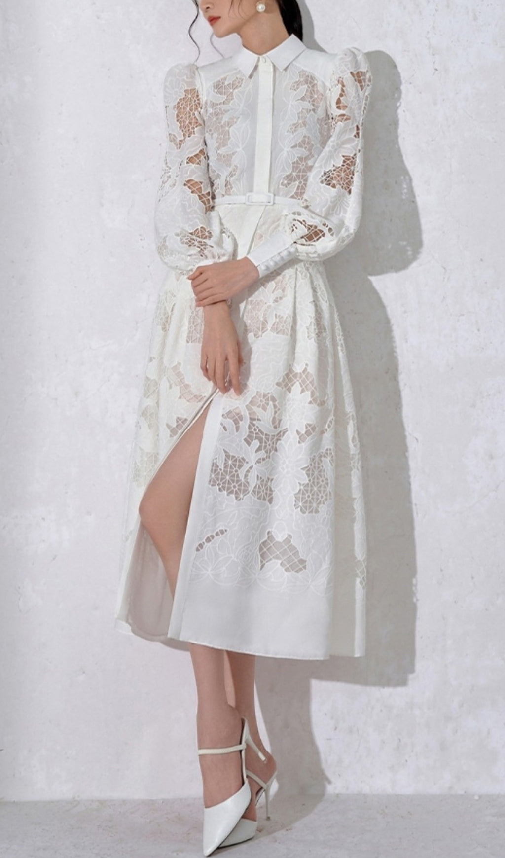 Fashionslee Women White Lace Embroidered Full Hem Midi Dress