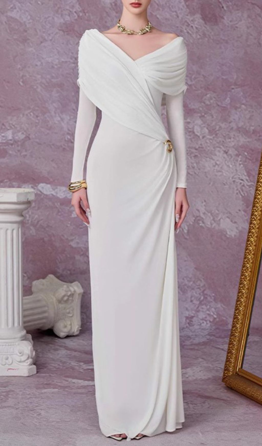 Fashionslee Women Goldy Ruched Long Sleeve Maxi Dress