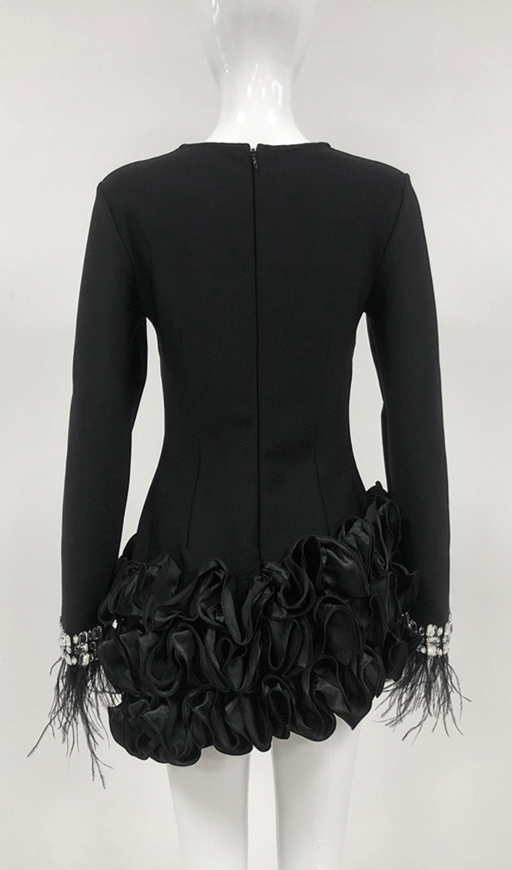 5944ebde640659118108b42e0bf42cbd.jpg Fashionslee Women Cardea Black Crystal Feather Ruffle Mini Dress