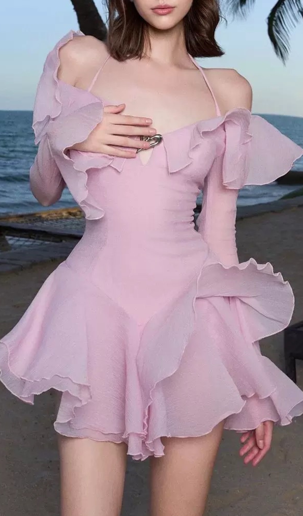 59575d99ae953237cb5734ed5bdfad8f.jpg Fashionslee Women Brandee Pink Long Sleeve Ruffle Hem Mini Dress