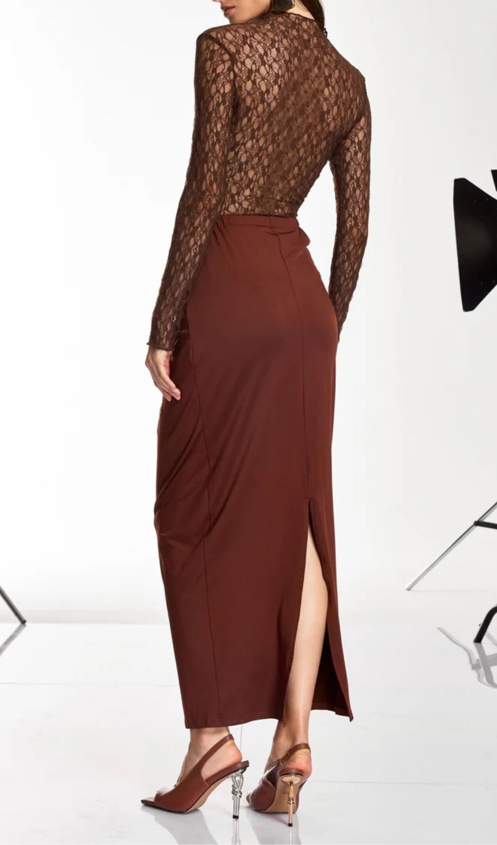 Fashionslee Women Darcila Long Sleeve Lace Ruched Skirt Set