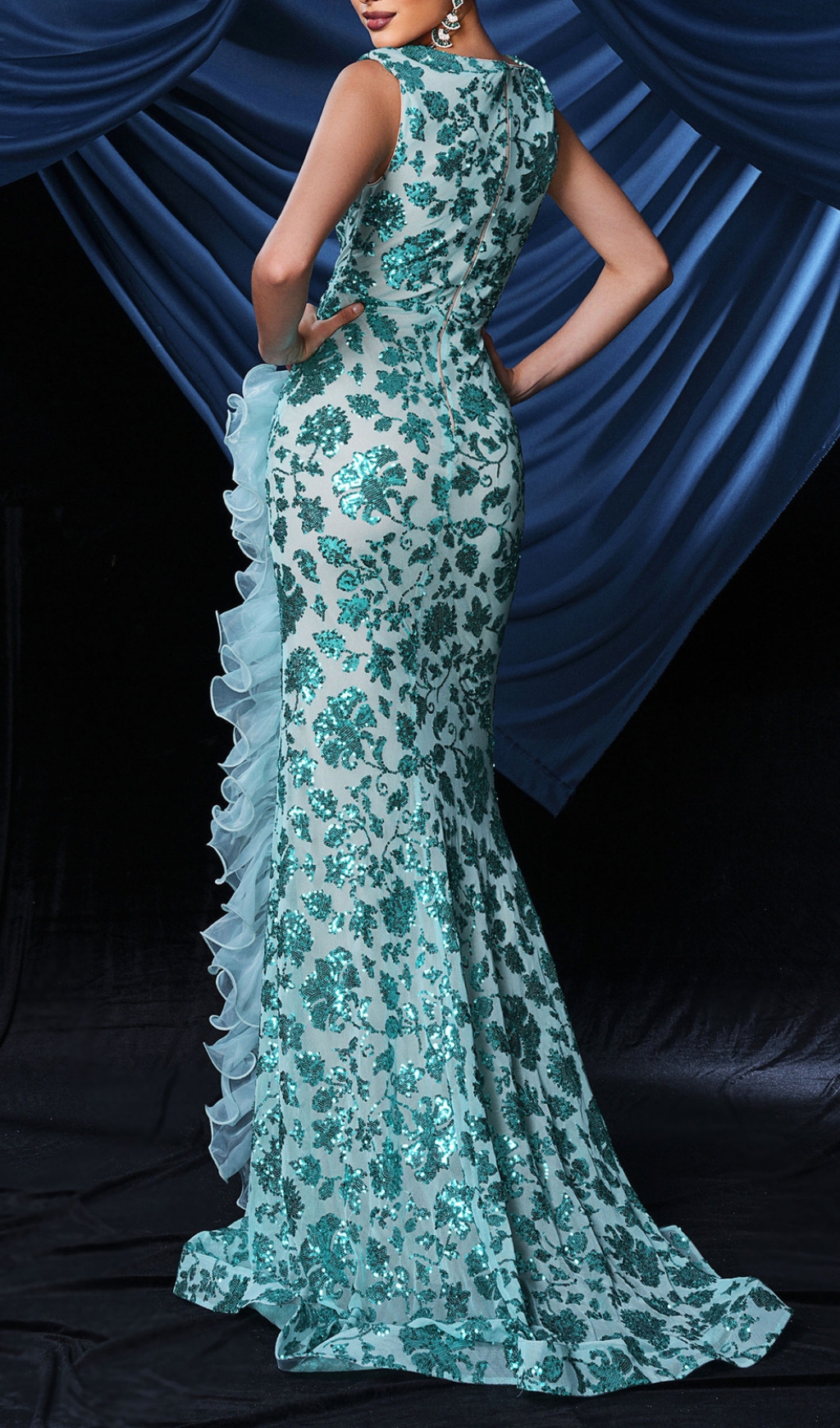 Fashionslee Women Brinda V-Neck Sequin Ruffle Maxi Dress