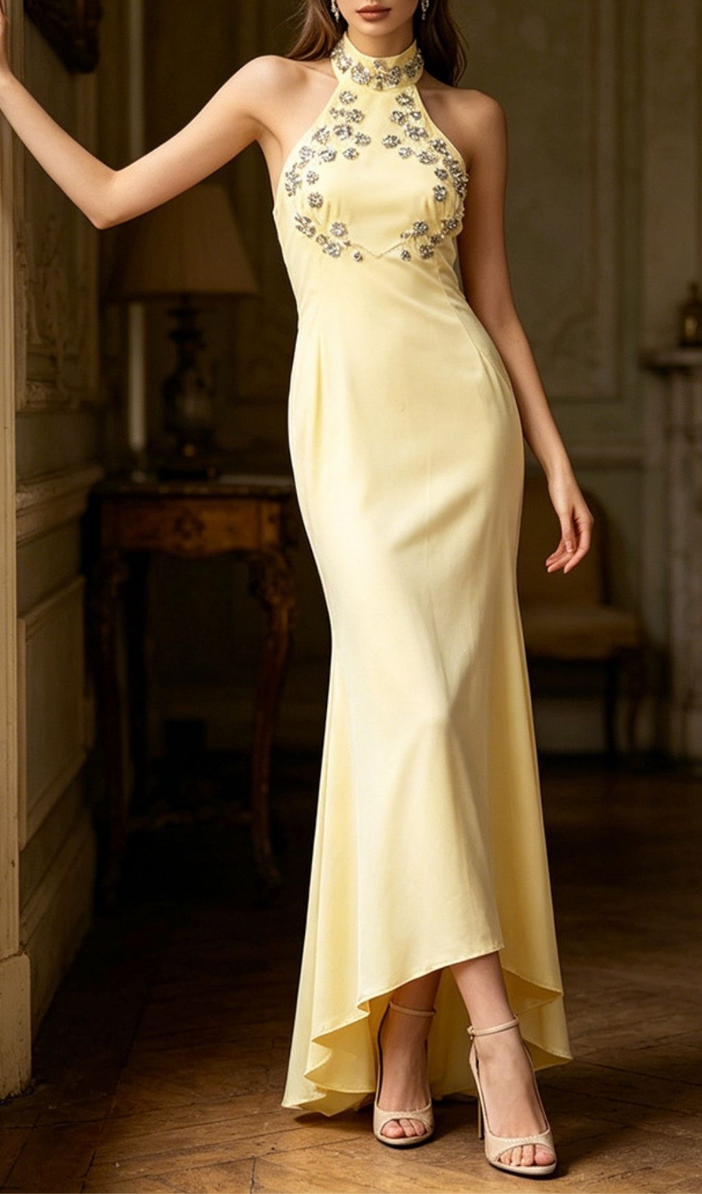 Fashionslee Women Lacy Yellow Halter Diamante Maxi Dress