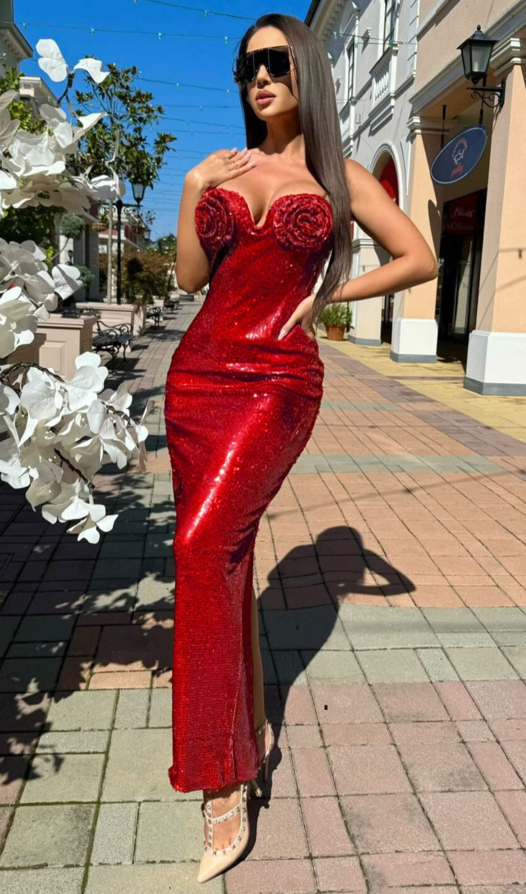 Fashionslee Women Aditi Red Flower Sequin Maxi Dress