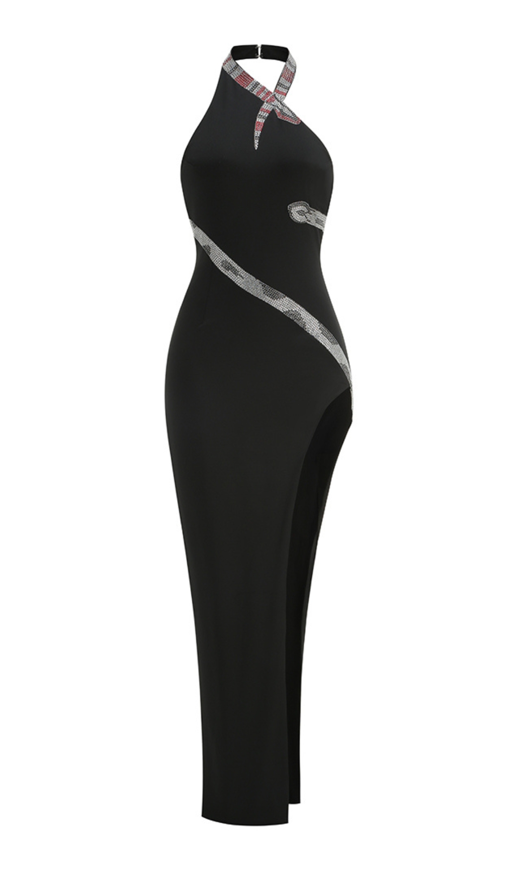 VIRAL BLACK HALTER CRYSTAL SNAKE MAXI DRESS - OWNCI