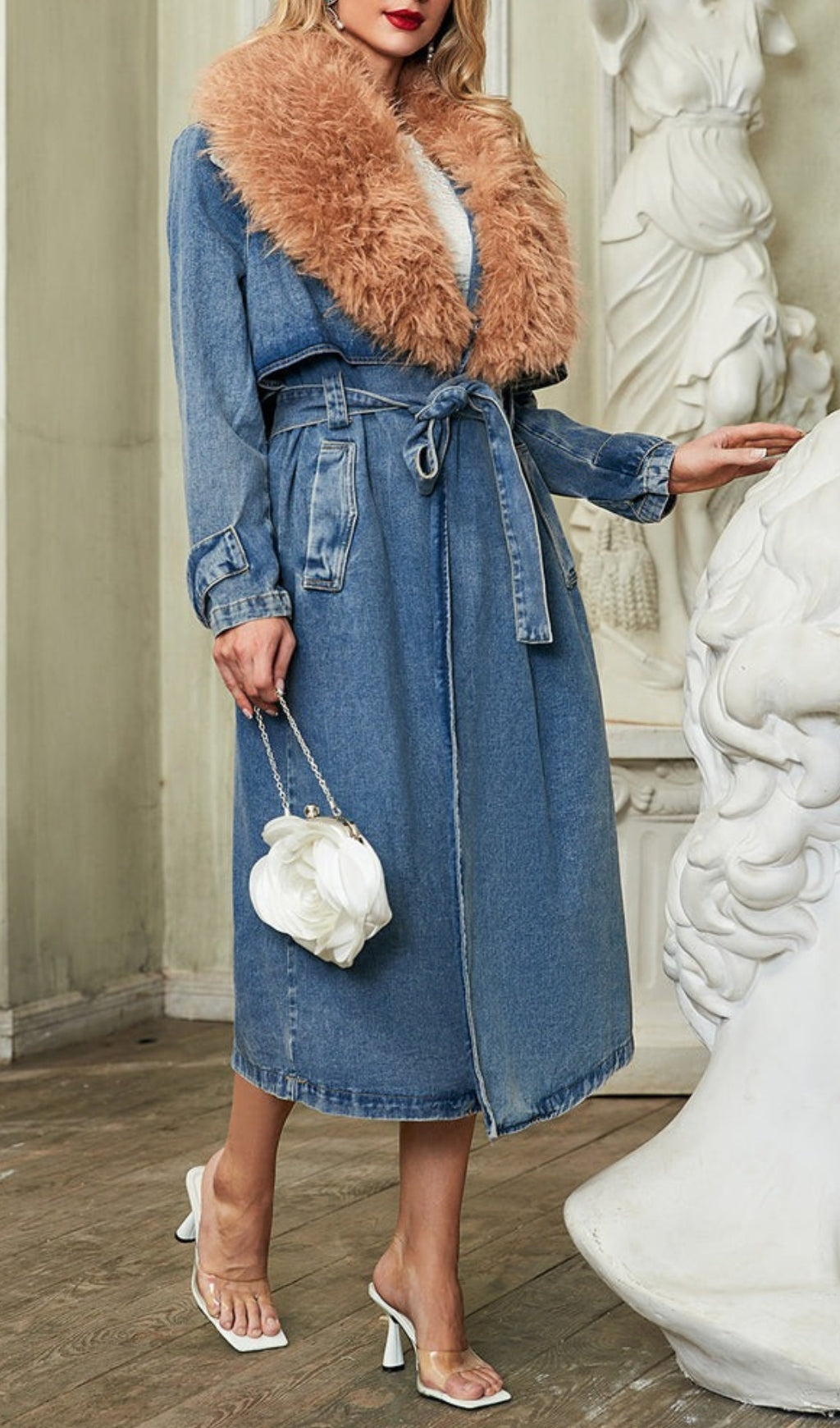 VINTAGE DENIM COAT WITH FAUX FUR COLLAR - OWNCI VINTAGE DENIM COAT WITH FAUX FUR COLLAR - OWNCI