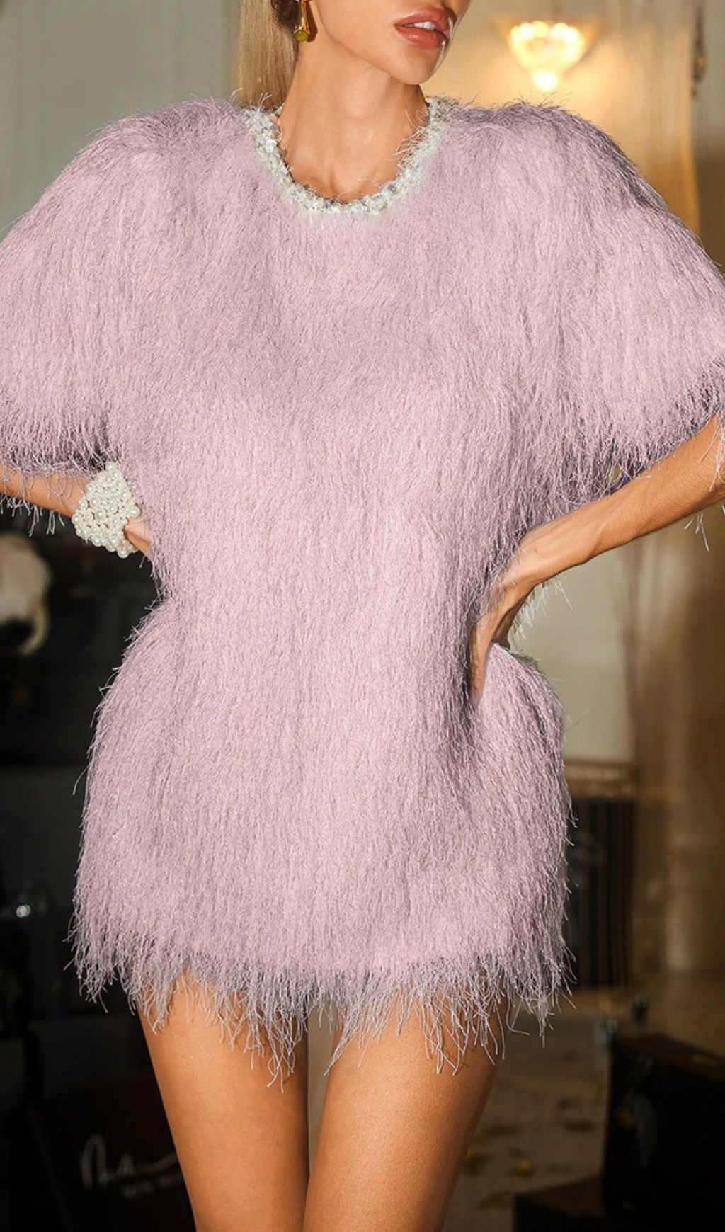 Fashionslee Women Celena Pearl Fringe Mini Dress In Pink