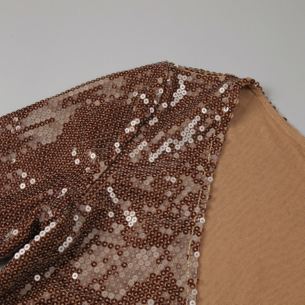 BROWN SEQUIN TRENDING MAXI DRESS - OWNCI