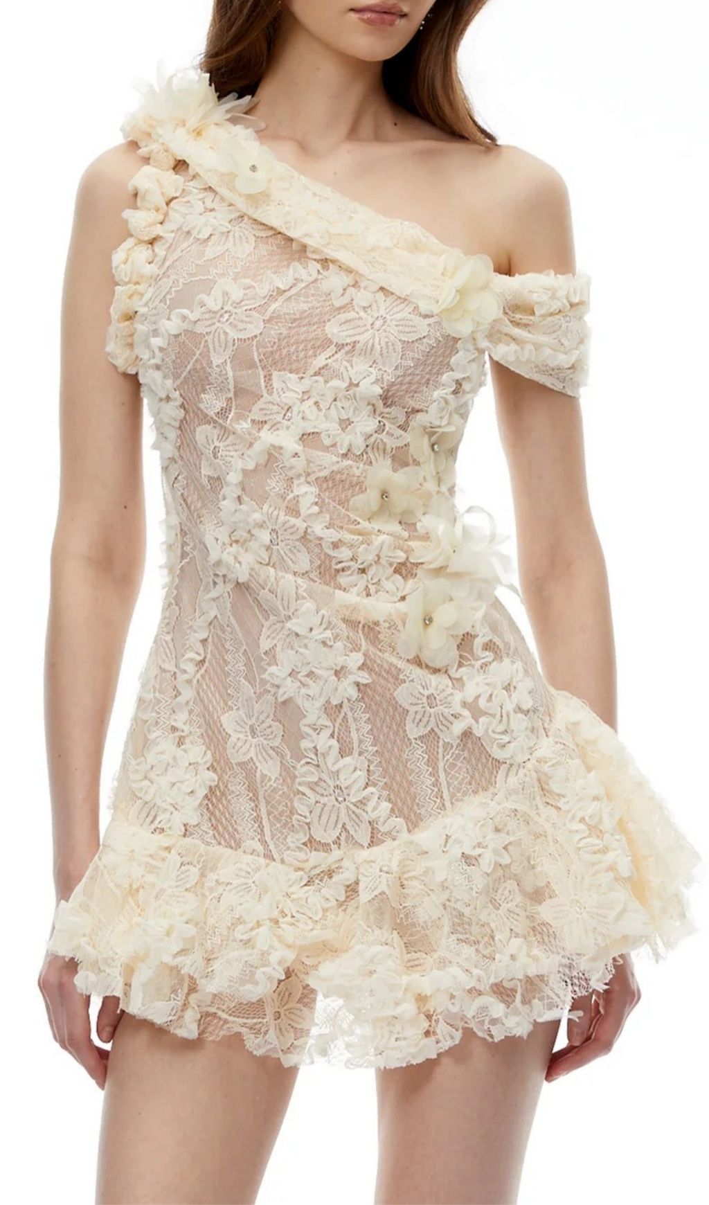 5a6c652e3f2b47cc553cd380e856b458.jpg Fashionslee Women Niobe White Flared Lace Mini Dress with 3D Florals