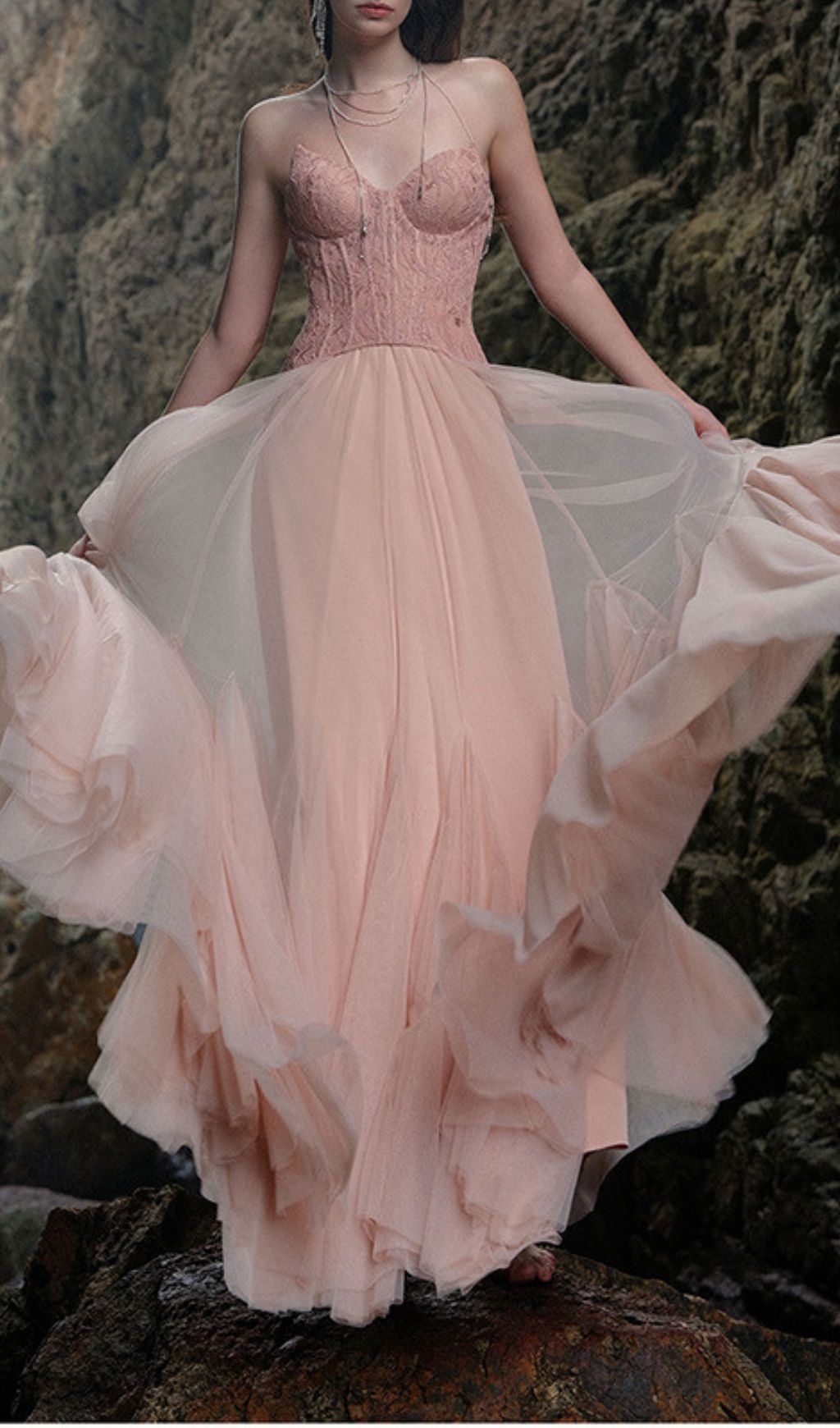 Fashionslee Women Finja Pink Strapless Corset Mesh Maxi Dress