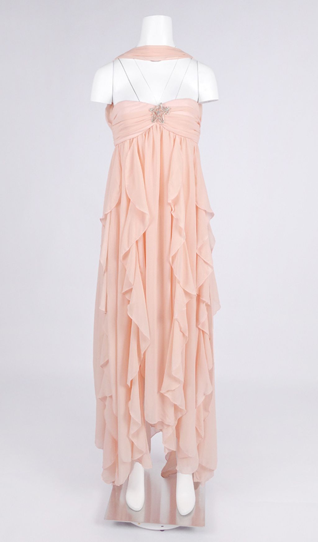 VIRAL NUDE BACKLESS MAXI DRESS IN LAYERED CHIFFON - OWNCI