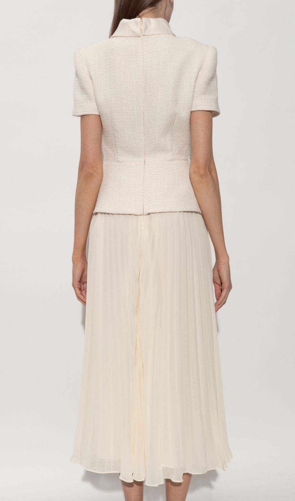 Fashionslee Women Cream Dress With Pleated Skirt
