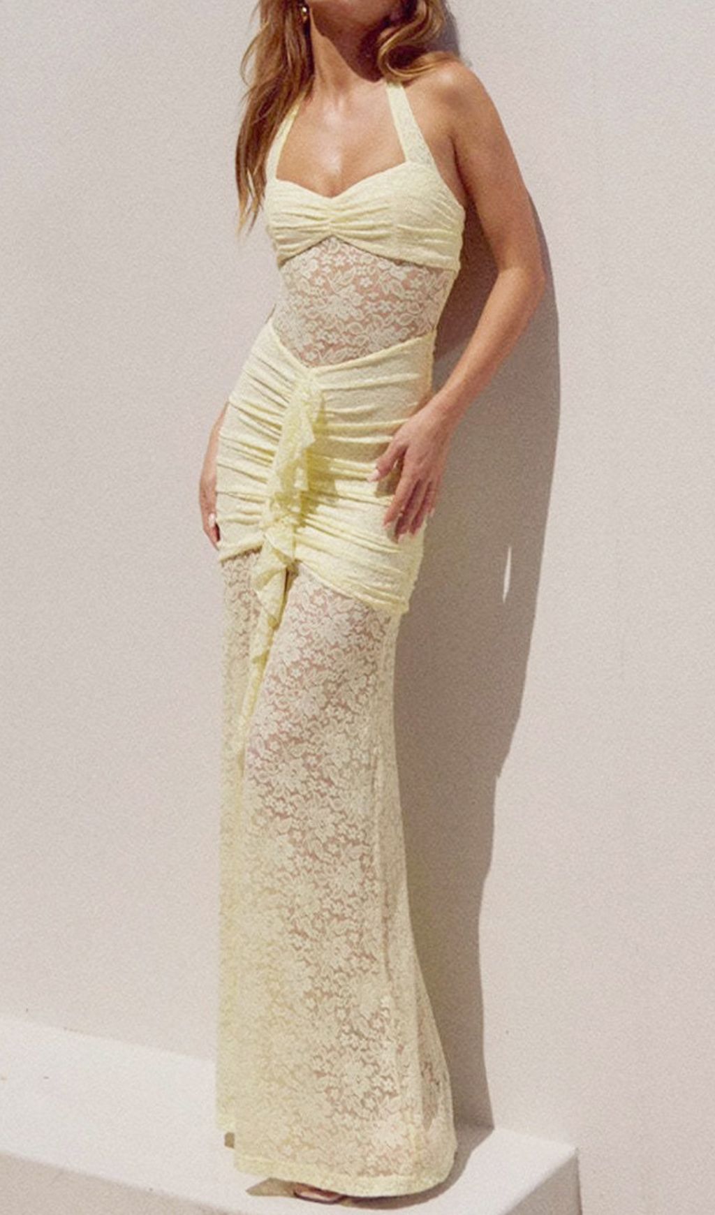 5b74d8d62d29a8a470c251437a4eb12f.jpg Fashionslee Women Fusayo Yellow Halter Ruched Lace Maxi Dress