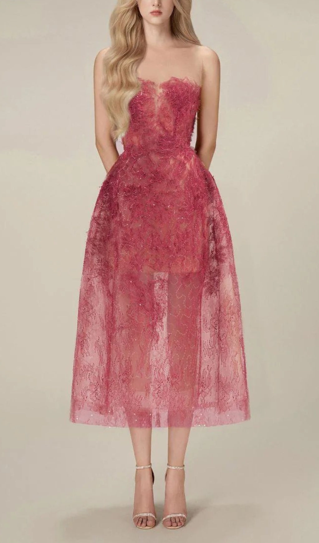 Fashionslee Women Allyson Rose Red Floral Lace Embroider Midi Dress