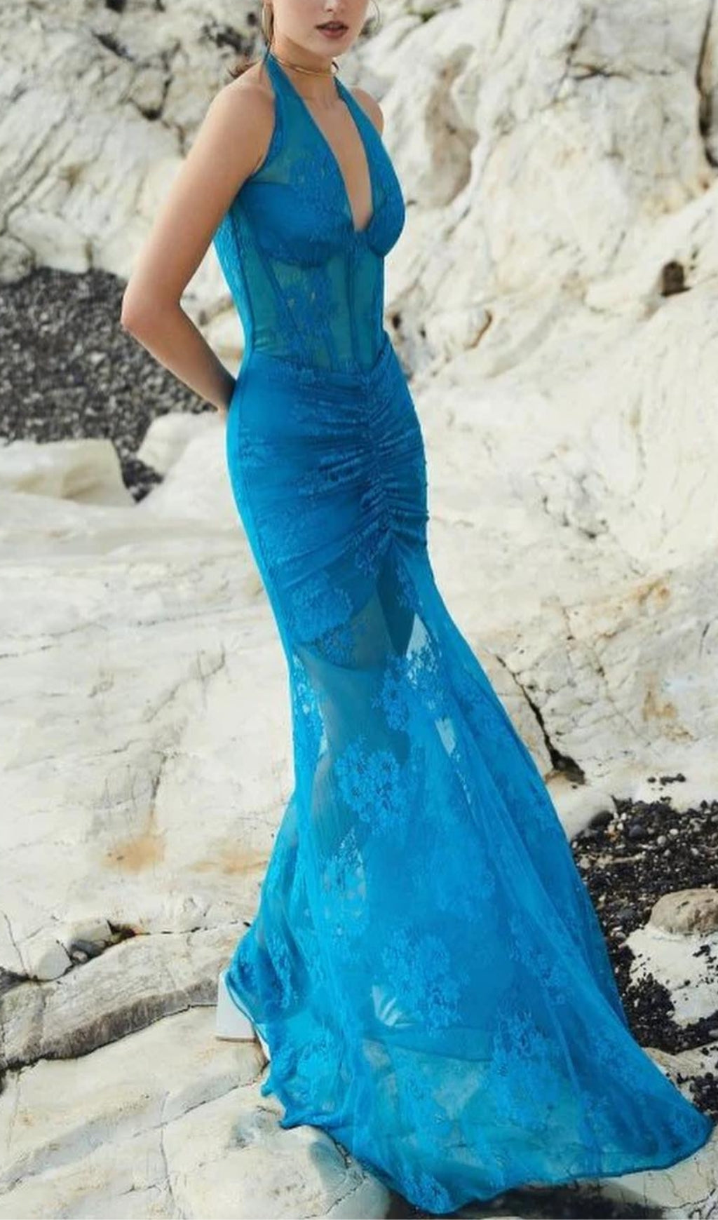 Fashionslee Women Aoife Blue Bustier Floral Lace Gown