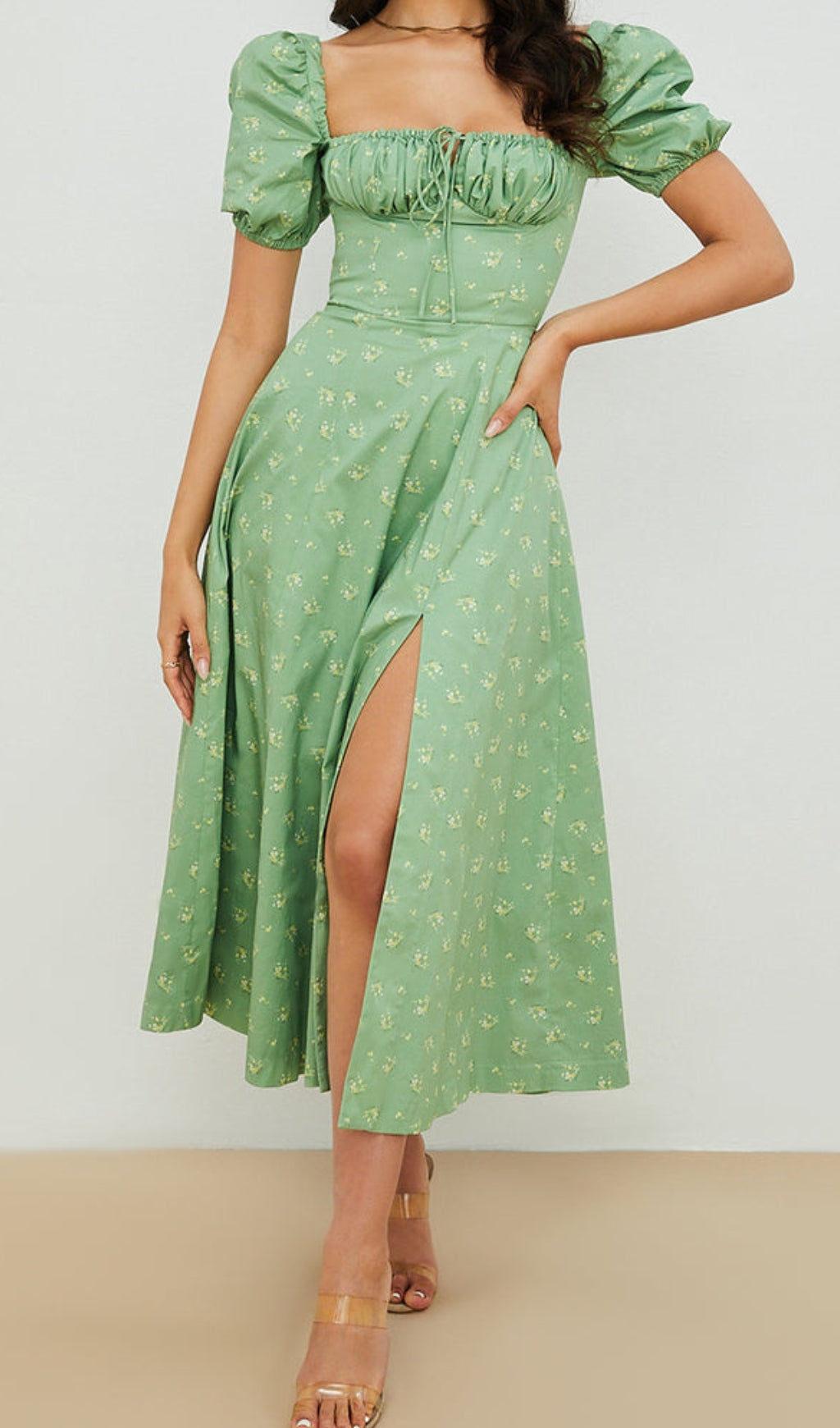 Fashionslee Women Vintage Floral Puff Sleeve Midi Dress In Green