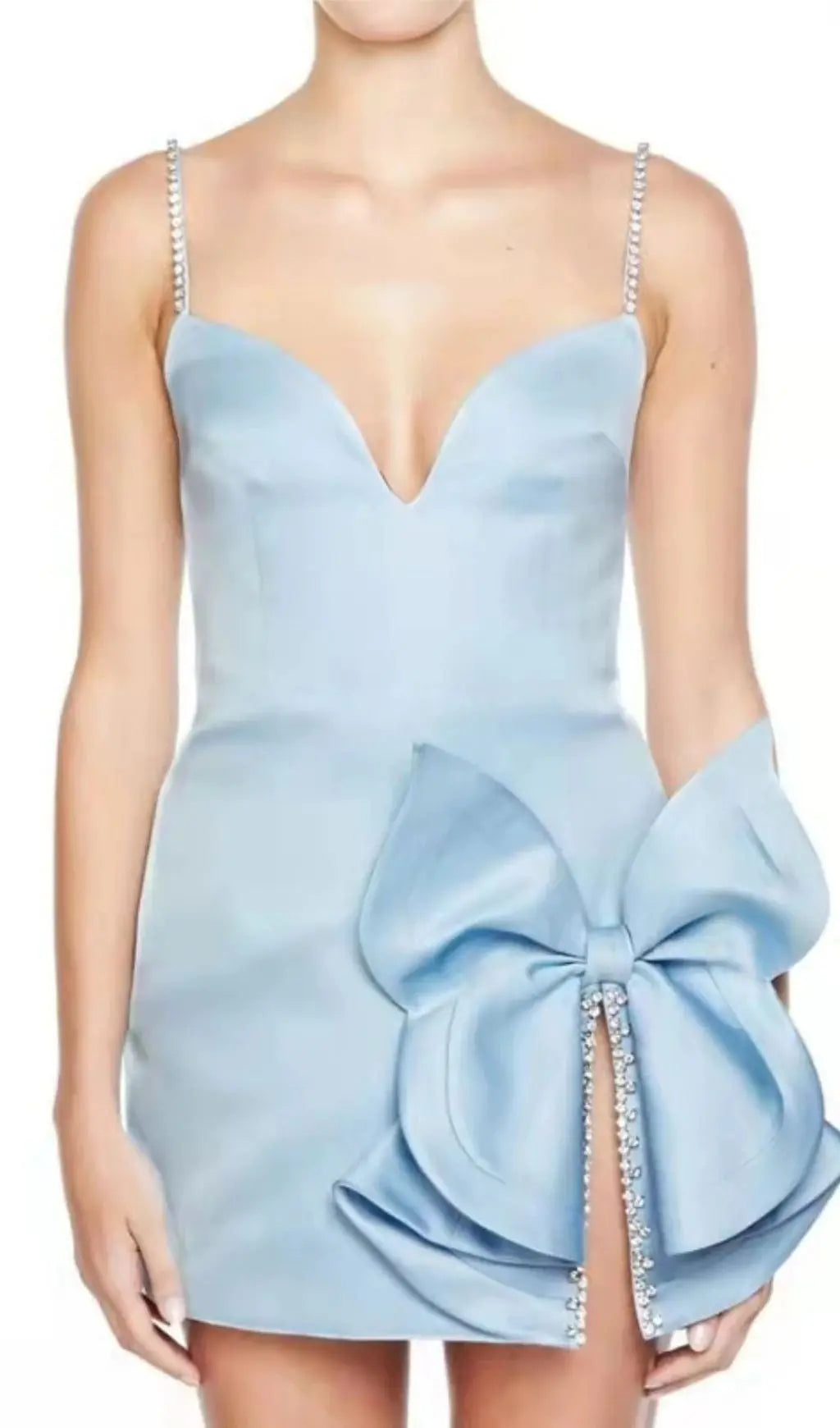 Fashionslee Women Baby Blue Crystal Bow Mini Dress