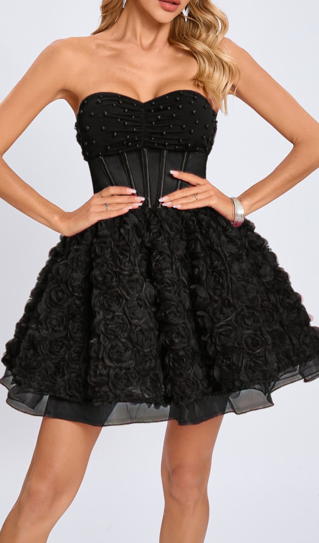 Fashionslee Women Eustacia Black Strapless Flower Corset Mini Dress