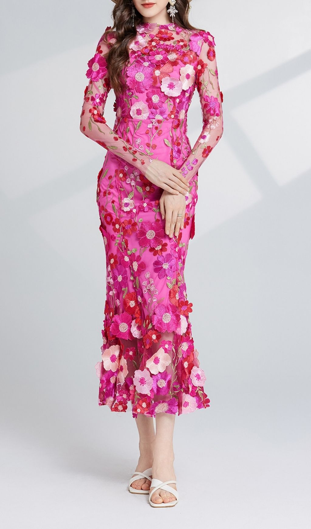 5c240b21f6b3caa35a13f58db25339bc.jpg Fashionslee Women Carol Rose Red Floral Embroidery Mesh Fishtail Long Sleeve Midi Dress