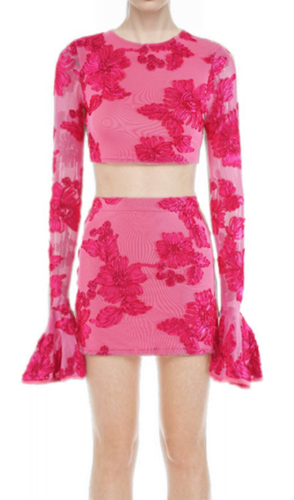 Fashionslee Women Daisy Flower Embroidery Flared Sleeve Skirt Set