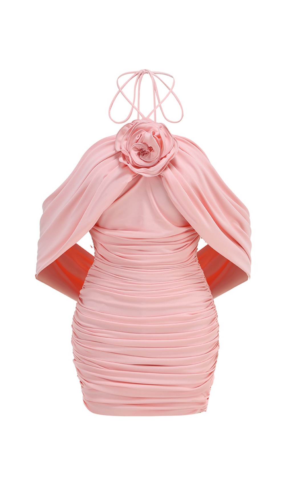 5c79bac5eb79a2a5548b74e4e4713297.jpg Fashionslee Women Brick Pink Halter Flower Draped Mini Dress