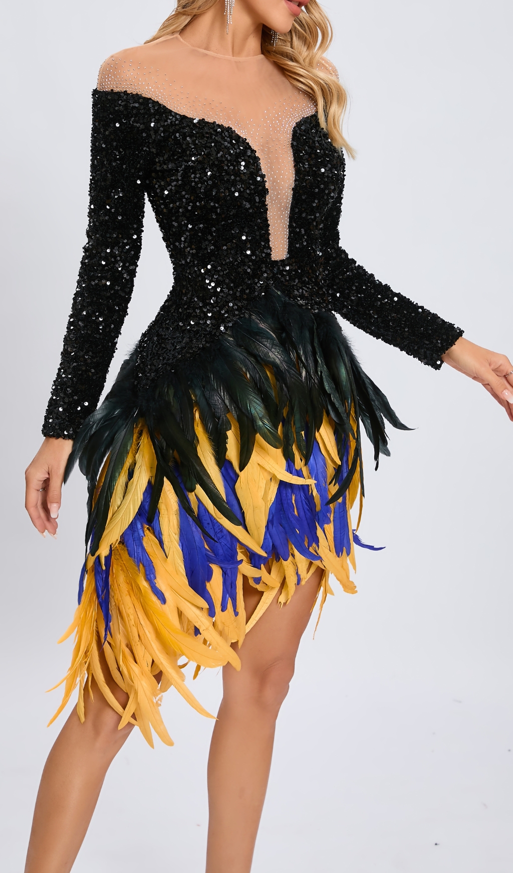 5c98b2d1fbc7486bd12d6488e2a9eec7.jpg Fashionslee Women Long Sleeve Sequin Feather Dress Black
