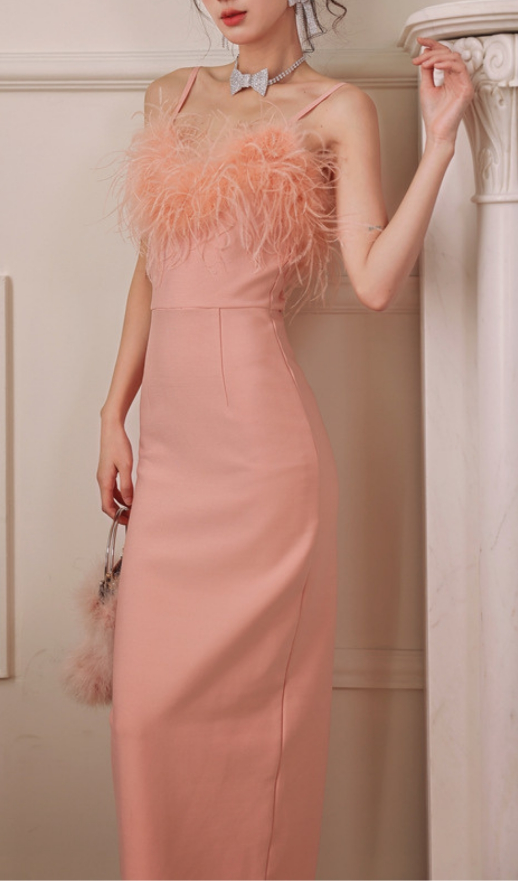 5cc1d8fe25b0059107be954272d51796.jpg Fashionslee Women Ellette Peach Feather Maxi Dress