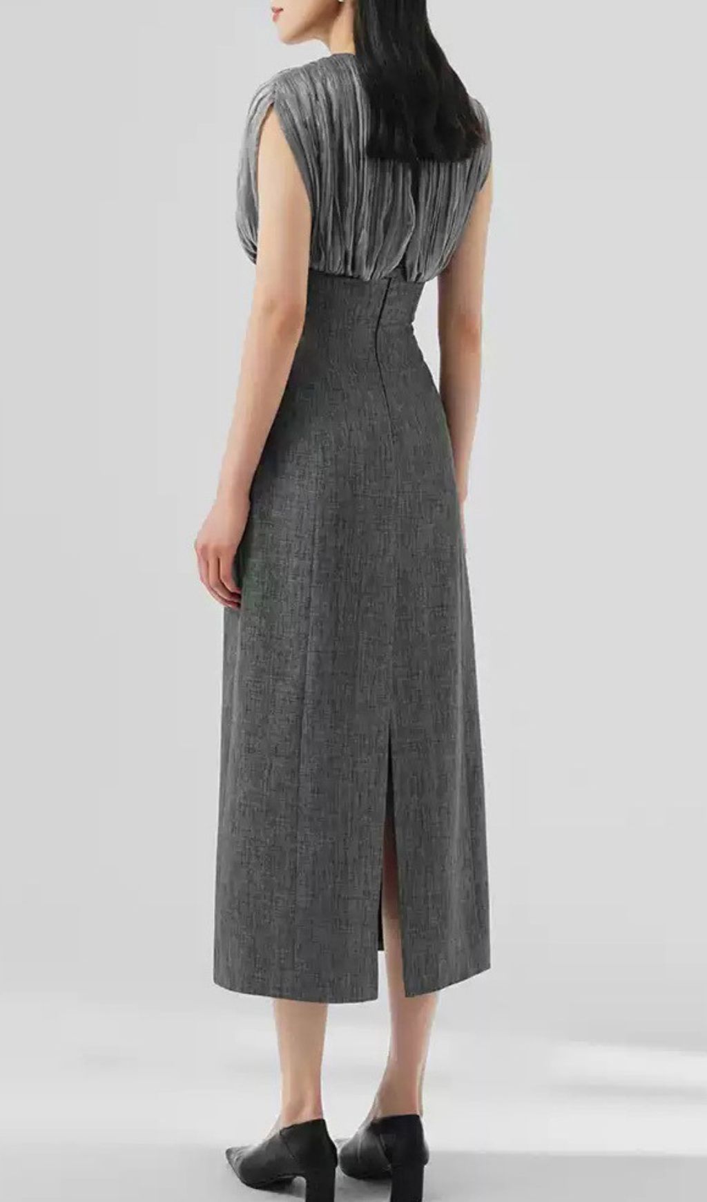 Fashionslee Women Galina Grey V-Neck Midi Dress