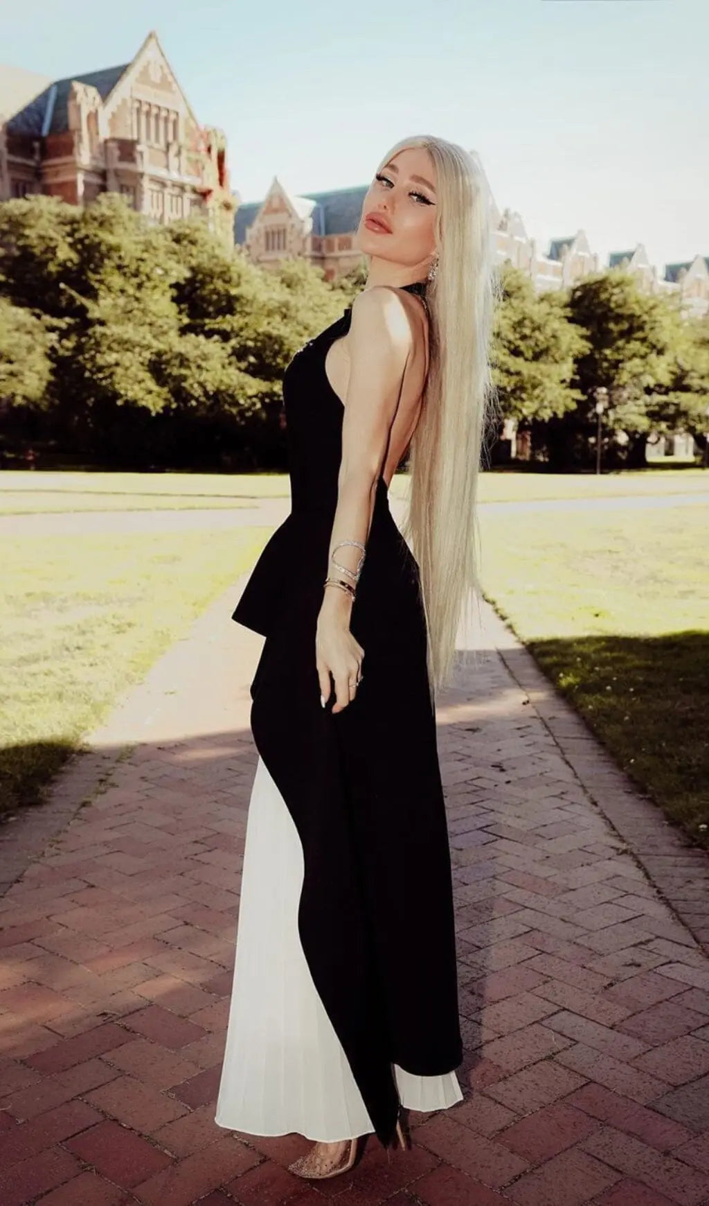 Fashionslee Women Bandage Halter Irregular Maxi Dress In Black And White