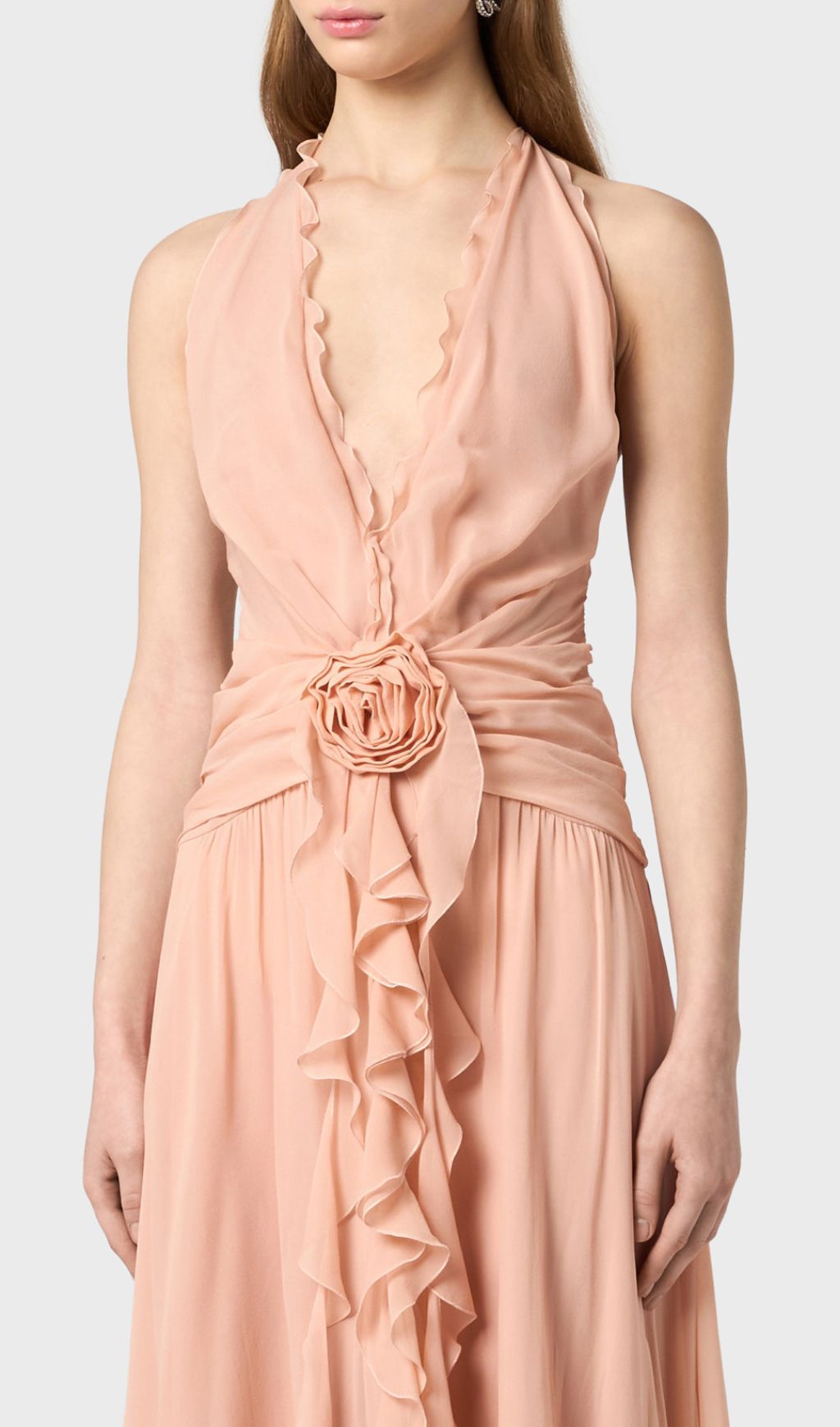 Fashionslee Women Florine Dusty Rose Halter Flower Ruffle Maxi Dress