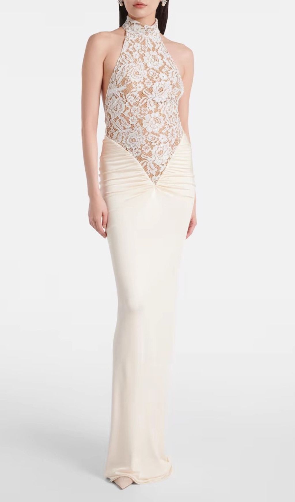 Fashionslee Women Halina White Halter Lace Maxi Dress