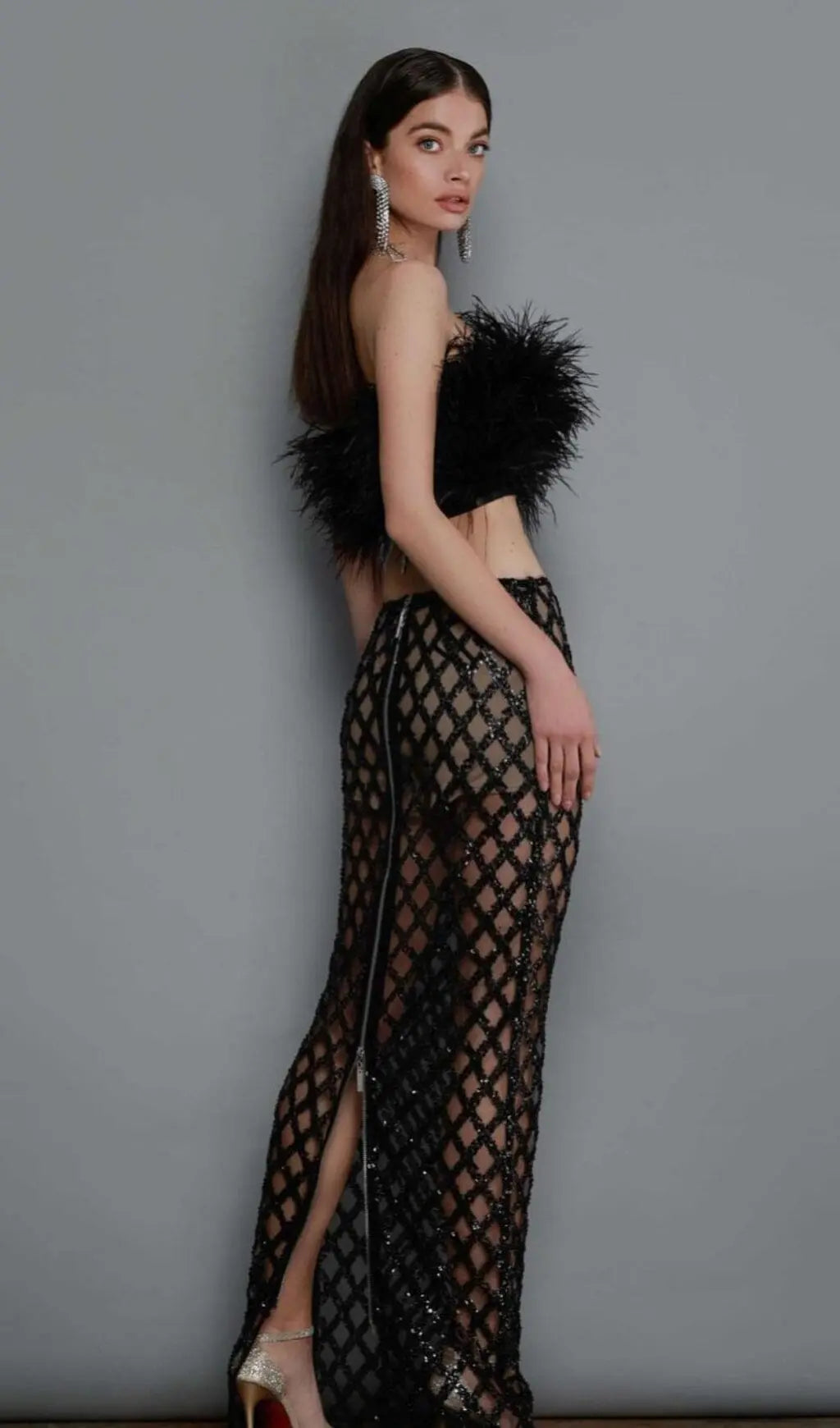 Fashionslee Women Feather Sequin Two Piece Set In Black