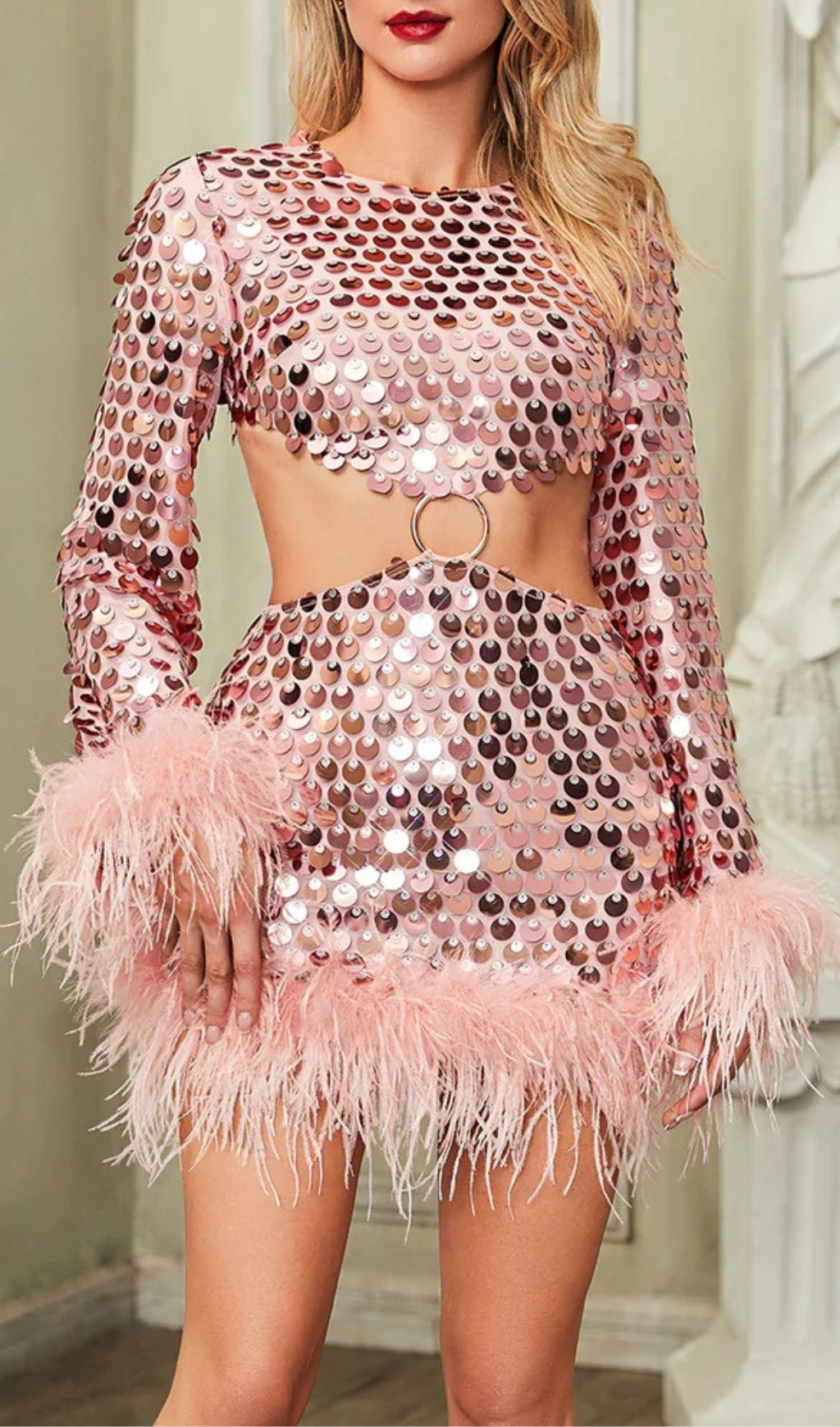 5d9bad716d36e282182cc30ee2adaffd.jpeg Fashionslee Women Alannah Sequinned Feather-Trim Mini Dress