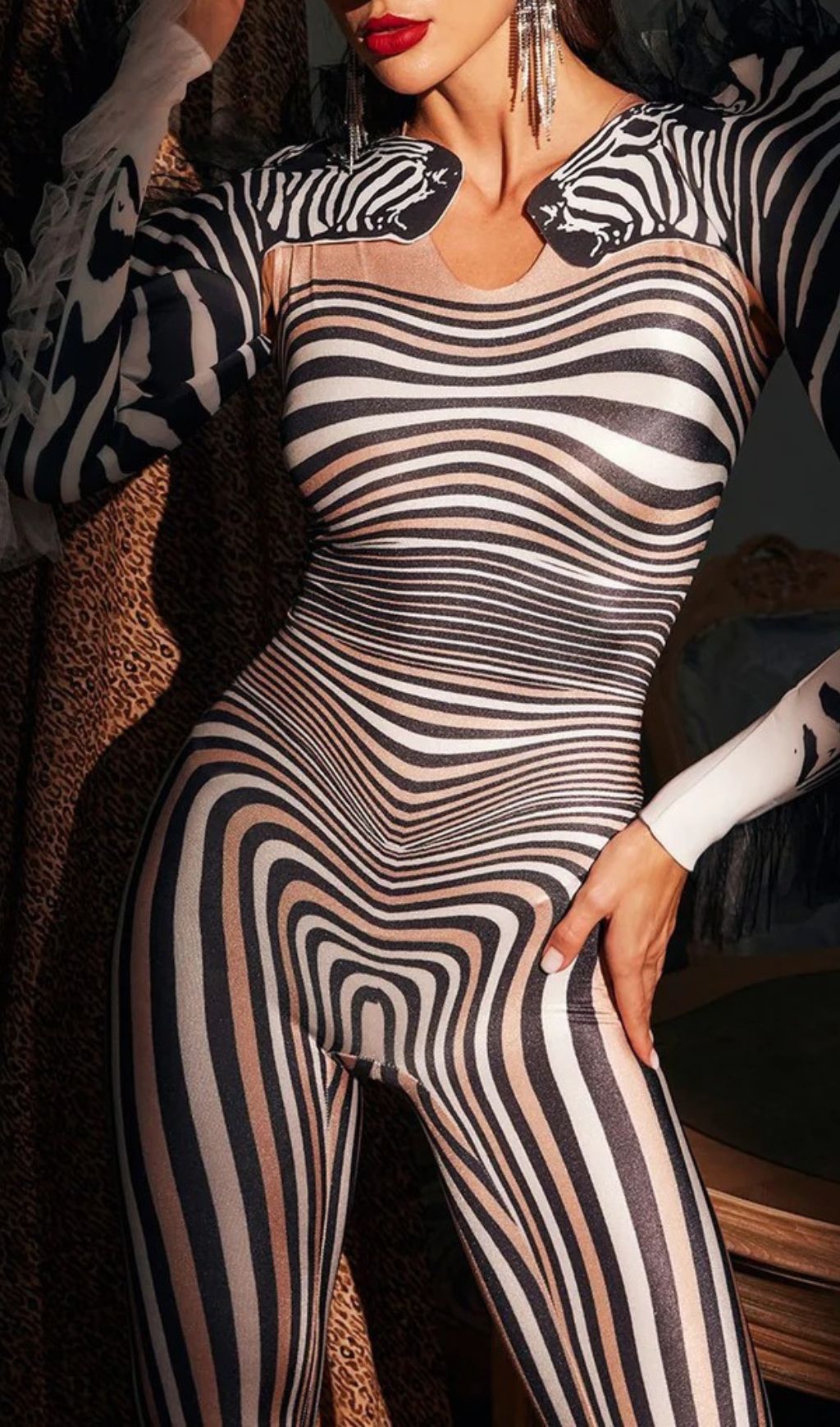 5dda825325e0704a77ff0b8b6986fc80.jpg Fashionslee Women Assisi Tulle Trimmed Zebra Printed Jumpsuit