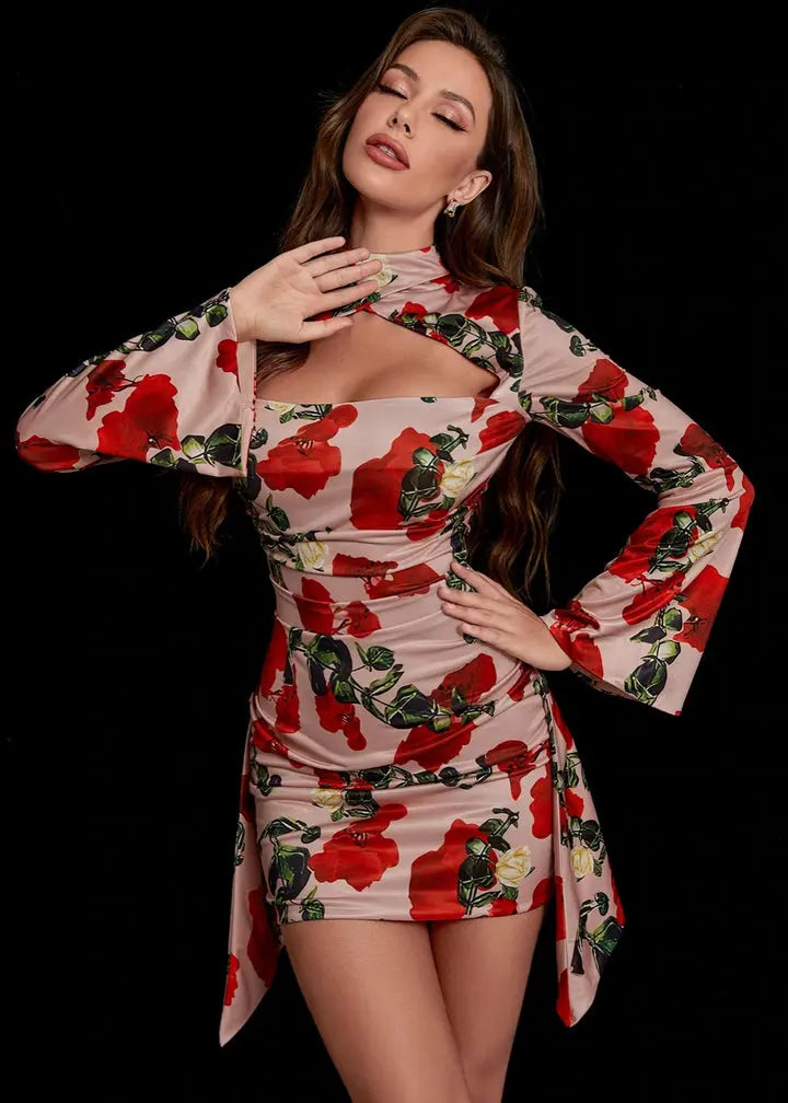 5e011f9d4f8ccbb0a4269bd69b2e42dd.jpeg Fashionslee Women Rose Print Cut Out Draped Mini Dress