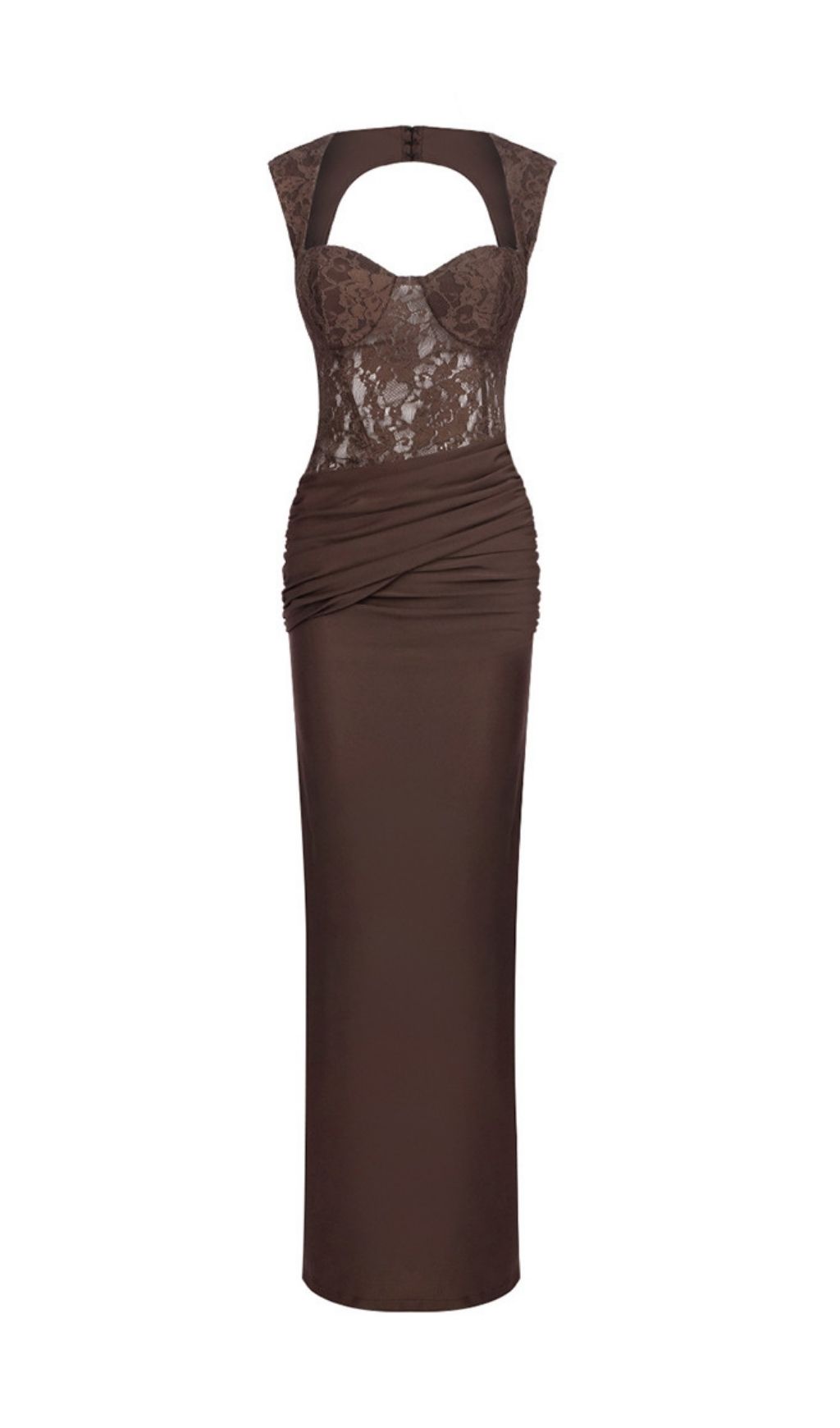 5e1f4aa949459a409113163771b96356.jpg Fashionslee Women Keegan Brown Lace Ruched Maxi Dress