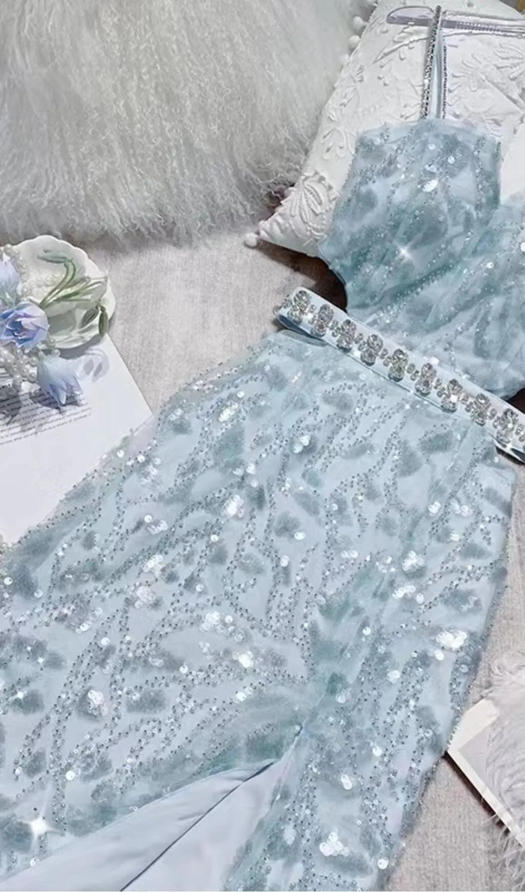 Fashionslee Women Mesh Diamond Cut-Out Waistless Sequin Splid Dress In Light Blue