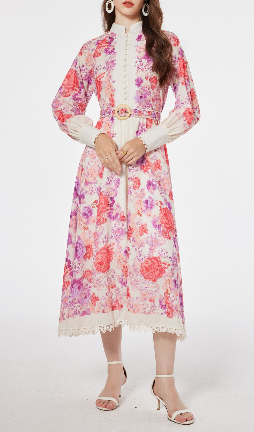 Fashionslee Women Jarl Pink Floral Long Sleeve Midi Dress
