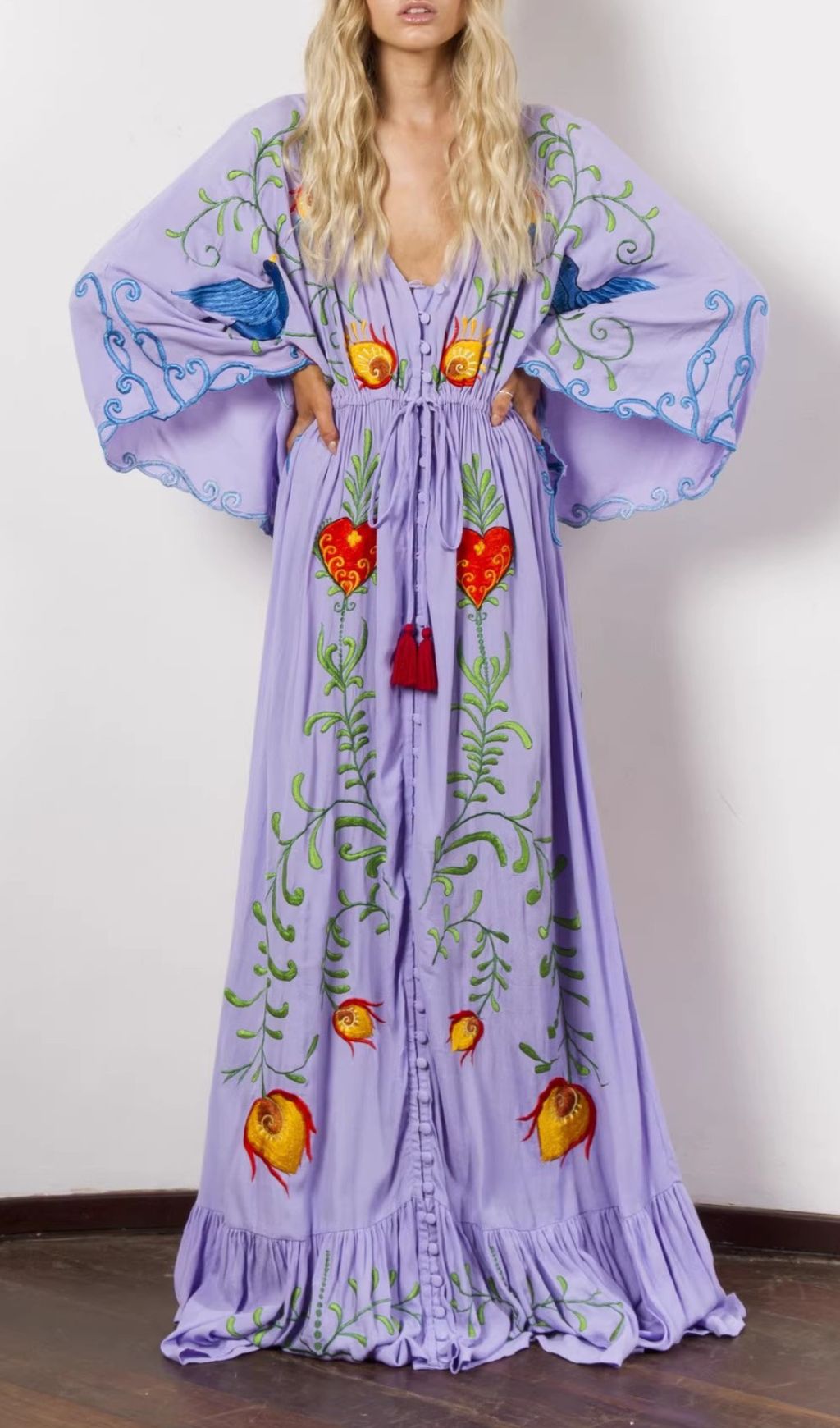 Fashionslee Women Gita Flower Embroidery Long Sleeve Maxi Dress