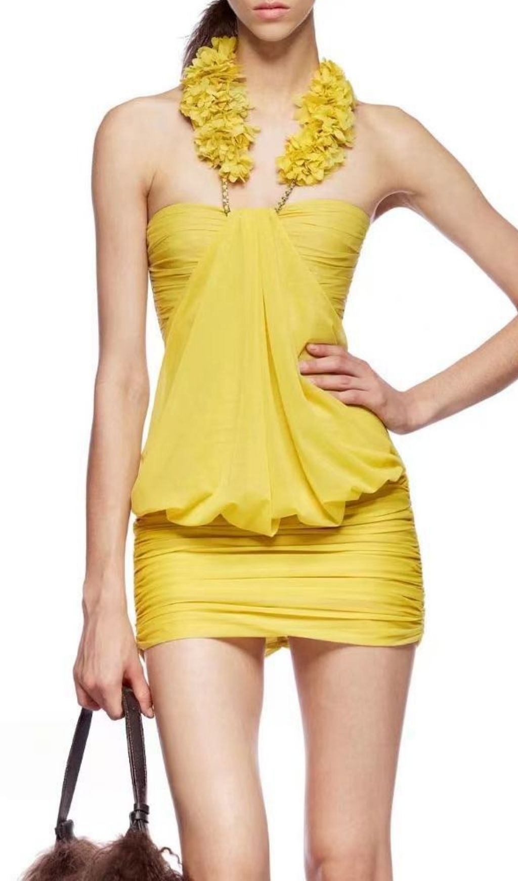 5f35381df5cb0b8d238f0f4daff8307c.jpg Fashionslee Women Keren Yellow Halter Ruched Mini Dress
