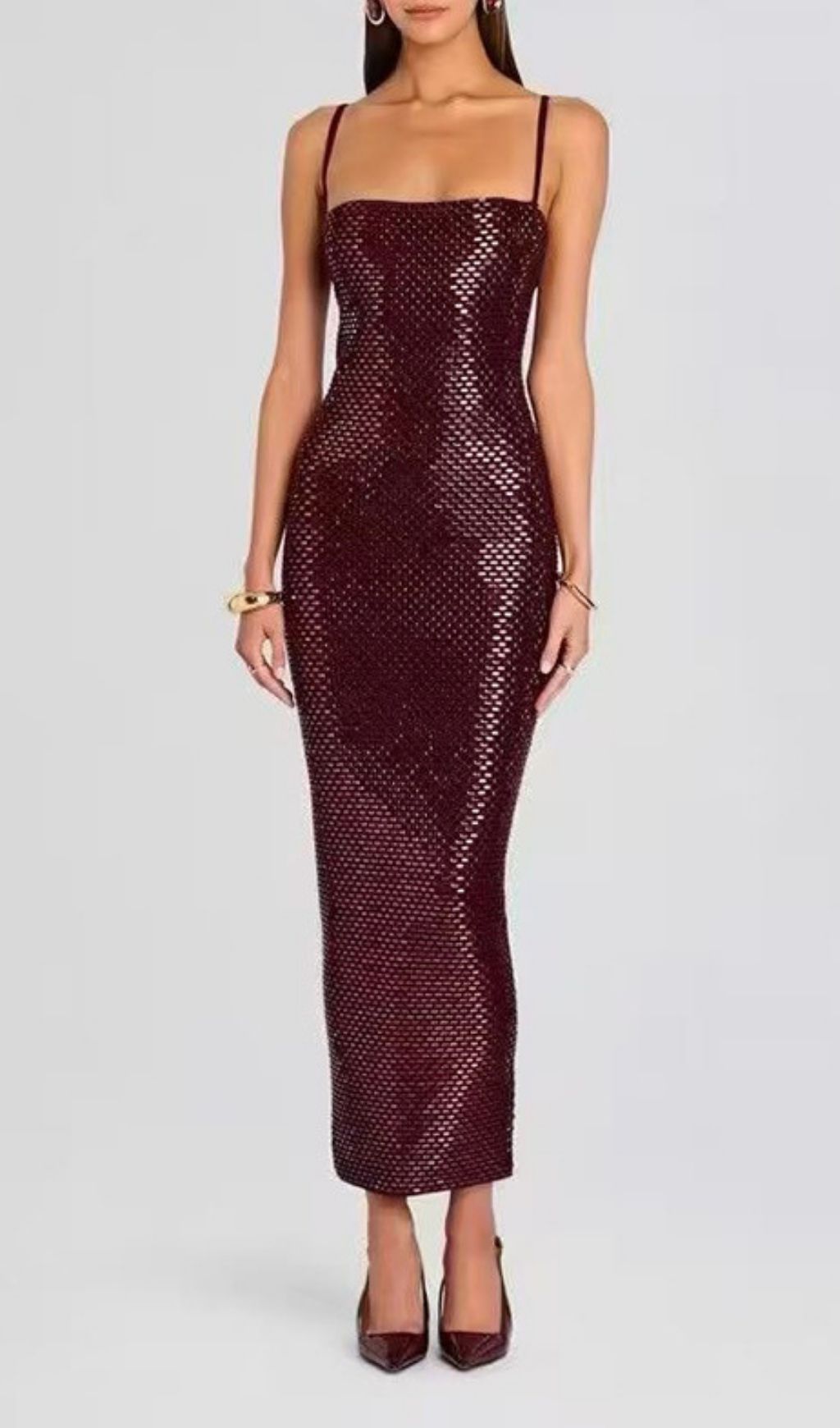 Fashionslee Women Kiyo Wine Strappy Sequin Bodycon Maxi Dress