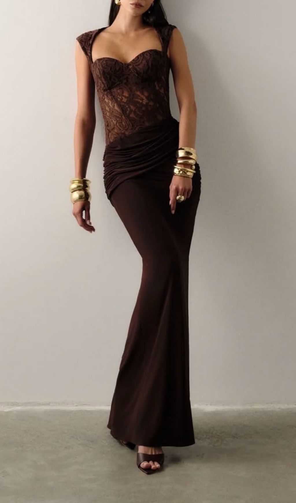 Fashionslee Women Keegan Brown Lace Ruched Maxi Dress