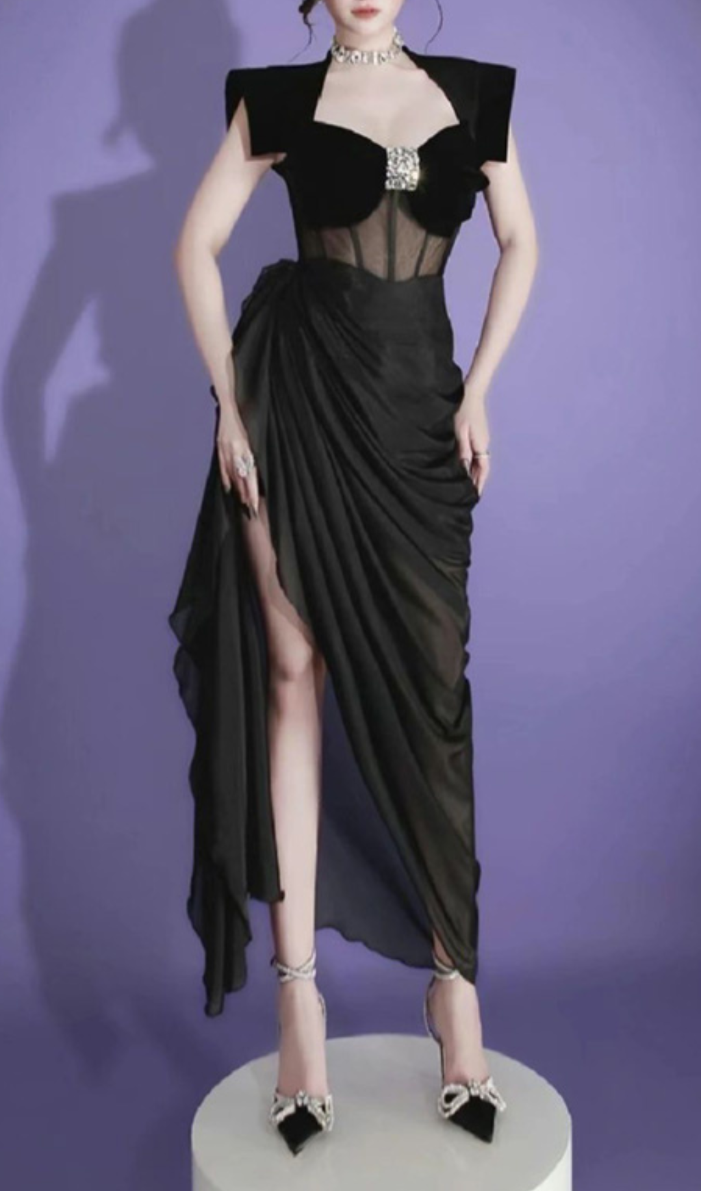 Fashionslee Women Godiva Black Corset Ruched Maxi Dress