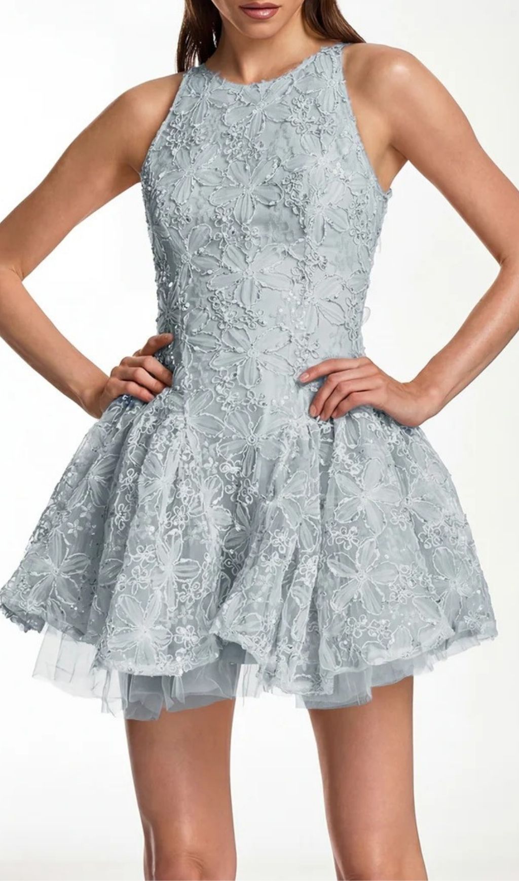 60154292836c4d4162f7100eff01afb8.jpg Fashionslee Women Katsumi Blue Halter Lace Flower Mini Dress