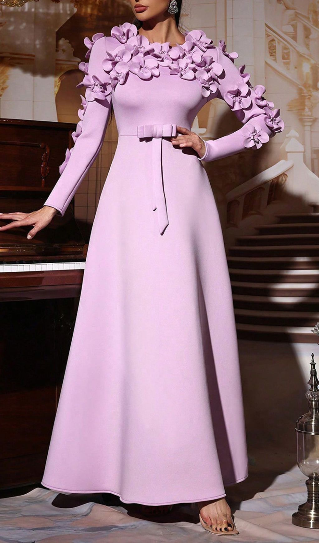 Fashionslee Women Hadia Purple Flower Long Sleeve Maxi Dress